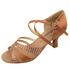 2.25" Cindy -- Women's Flare Heel Latin Sandal -- Dark Tan Satin