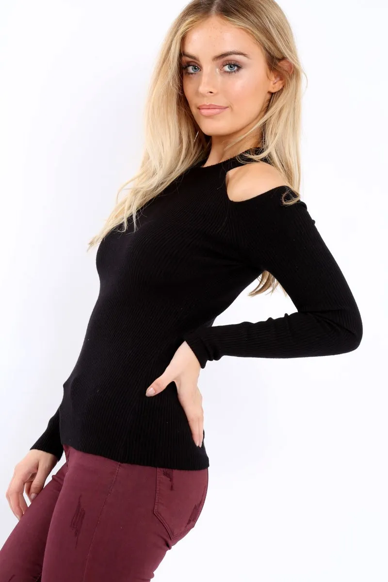 Black Ribbed Cold Shoulder Jumper - Briella