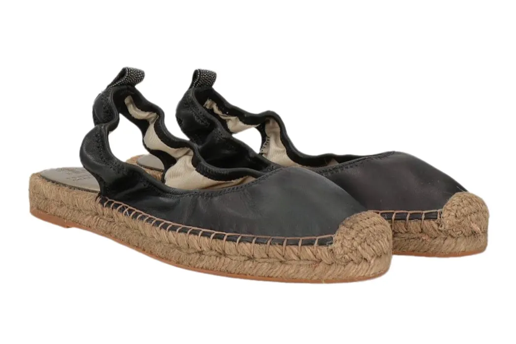 Brunello Cucinelli Leather Black Women's Espadrilles with Straw Bottom