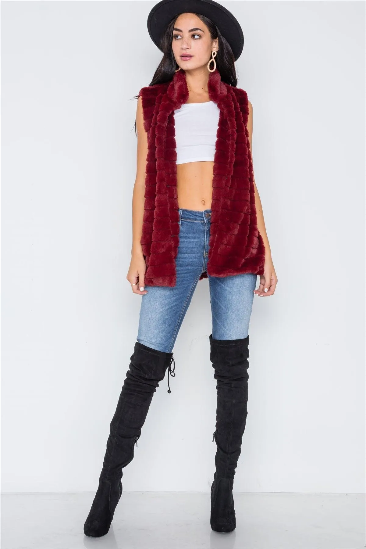 Burgundy Sleeveless Faux Fur Vest /4