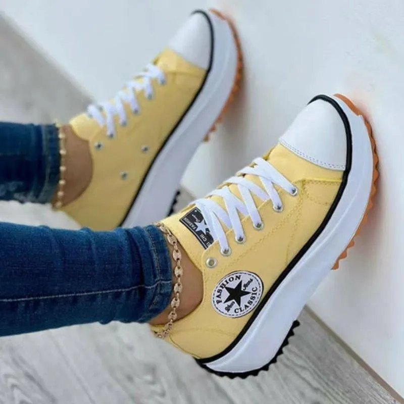 Flat Lace-Up Sneakers Pattern Canvas Casual Women