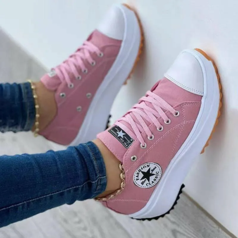 Flat Lace-Up Sneakers Pattern Canvas Casual Women