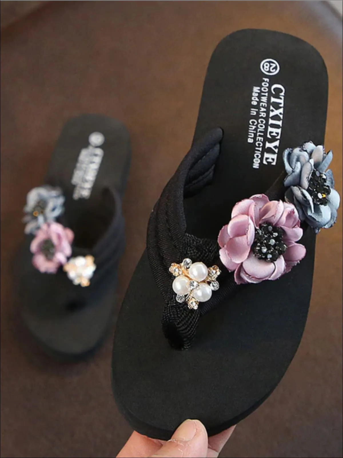 Girls Floral And Pearl Embellished Flip Flops