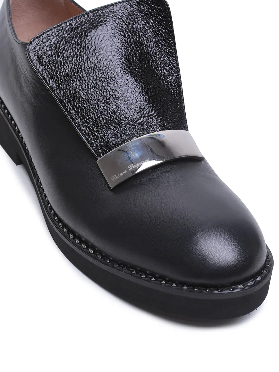 Leather Slip-On Loafers with Metal Accent