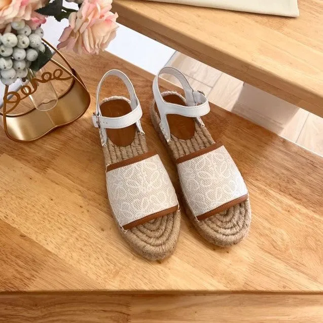 Loew Anagram White Tan Beige Leather And Canvas Espadrille Sandals