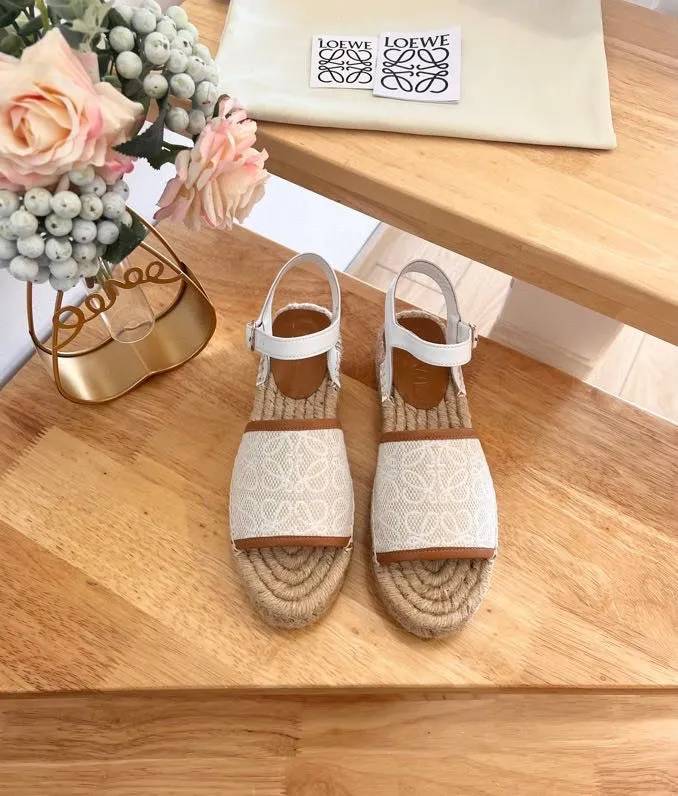 Loew Anagram White Tan Beige Leather And Canvas Espadrille Sandals