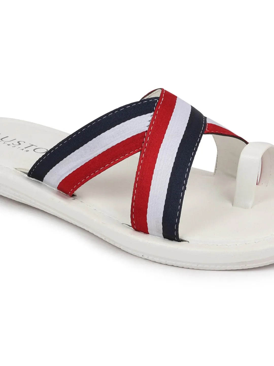 Men Multi Criss Cross Stripes Toe Ring Slippers & Flip Flops