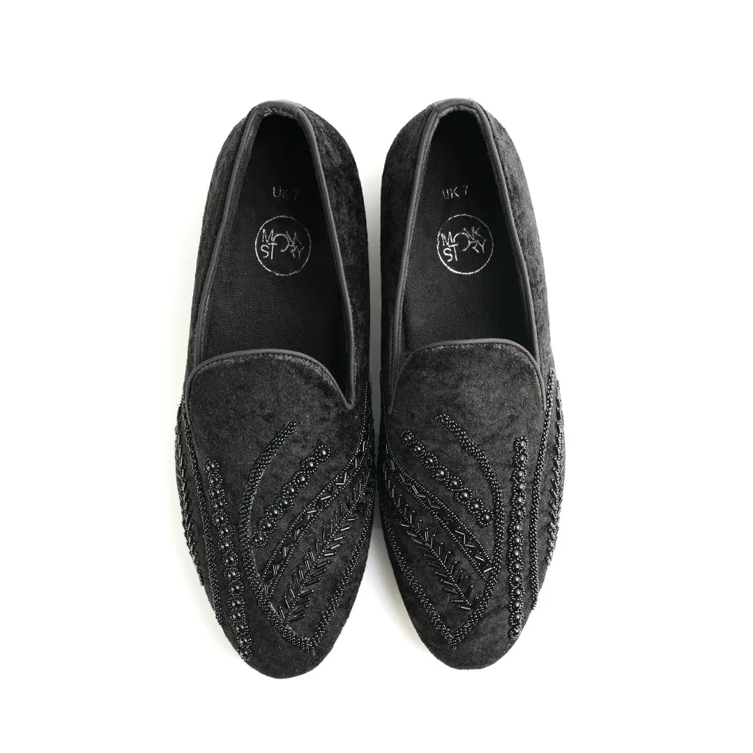 Monkstory Hand-Embroidered Embellished Slip-Ons - Black