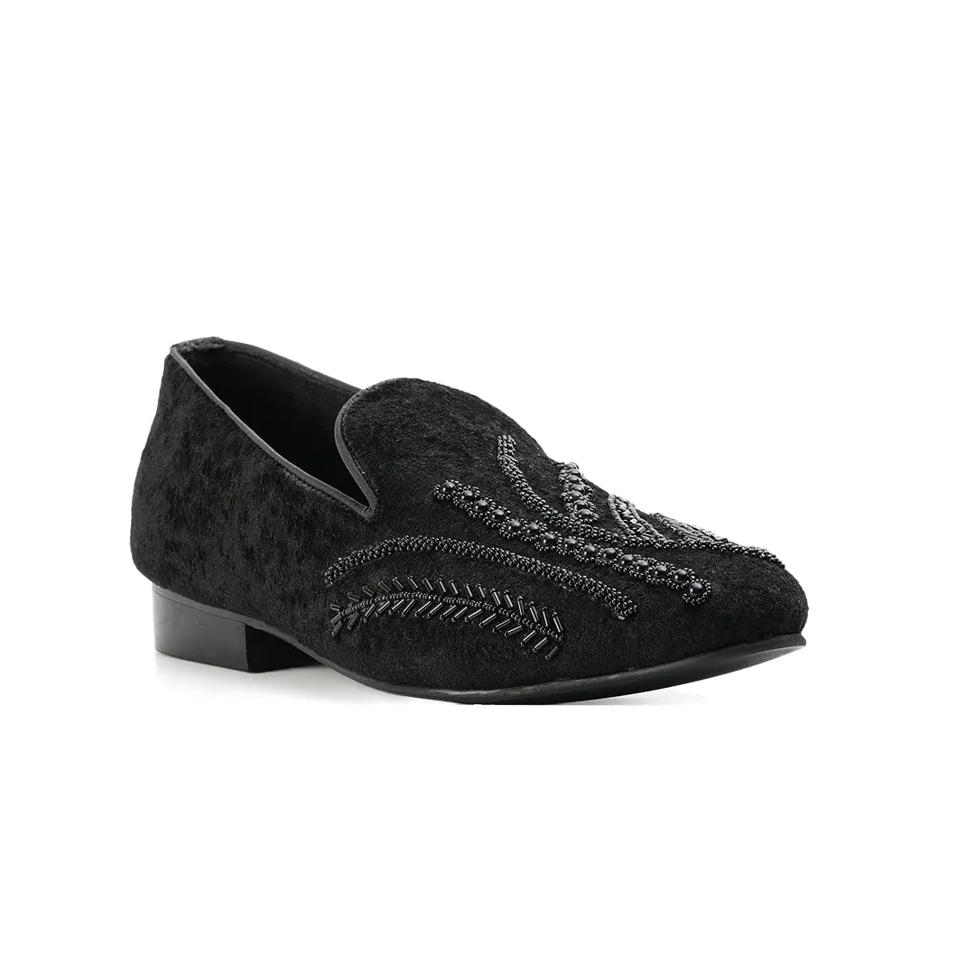 Monkstory Hand-Embroidered Embellished Slip-Ons - Black