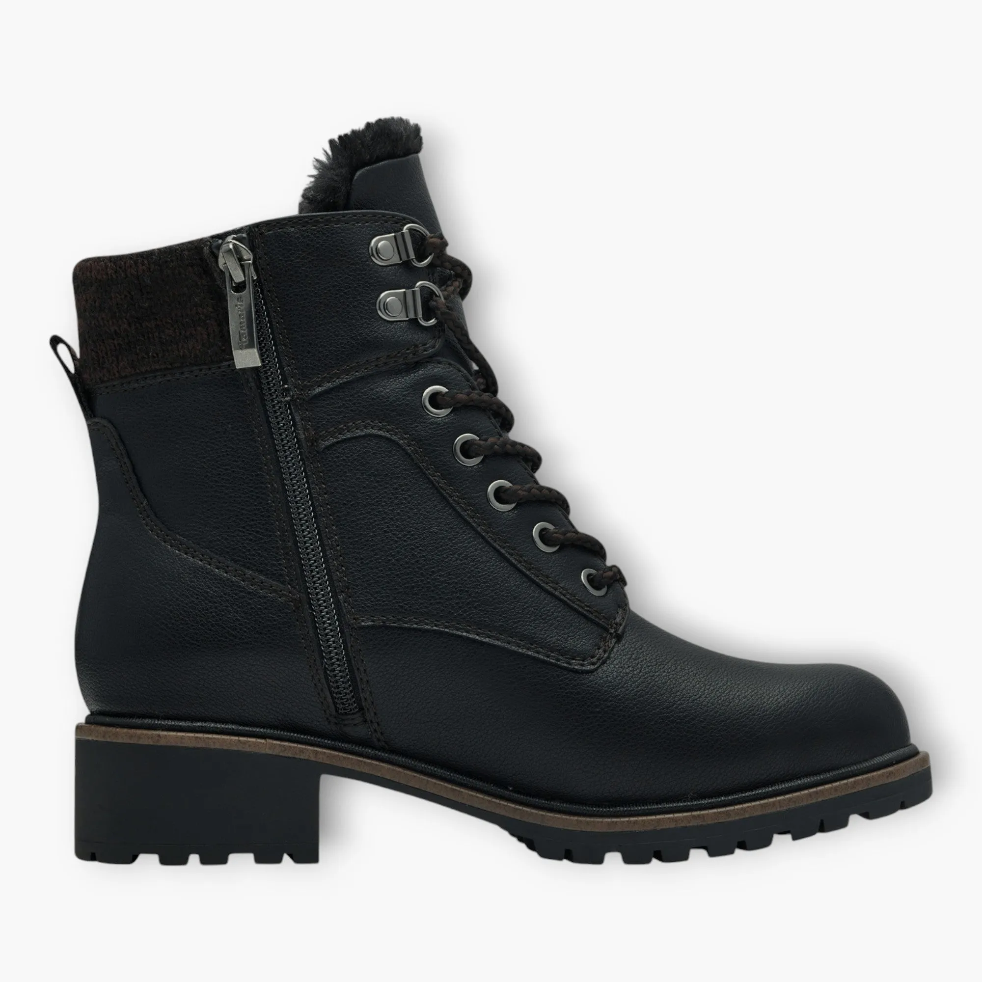 Tamaris Black Boots with Rope-Style Laces & Chunky Sole - DUOTEX, Fur-Lined Tongue, Side Zip, Comfort Fit