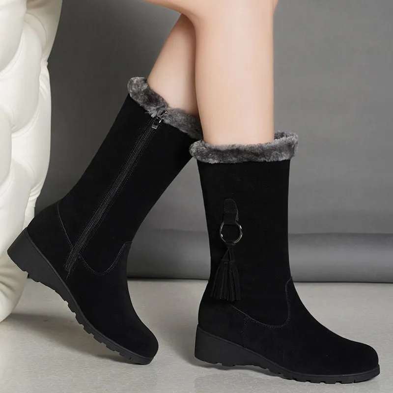 Women's warm plush lined mid calf snow boots low heels