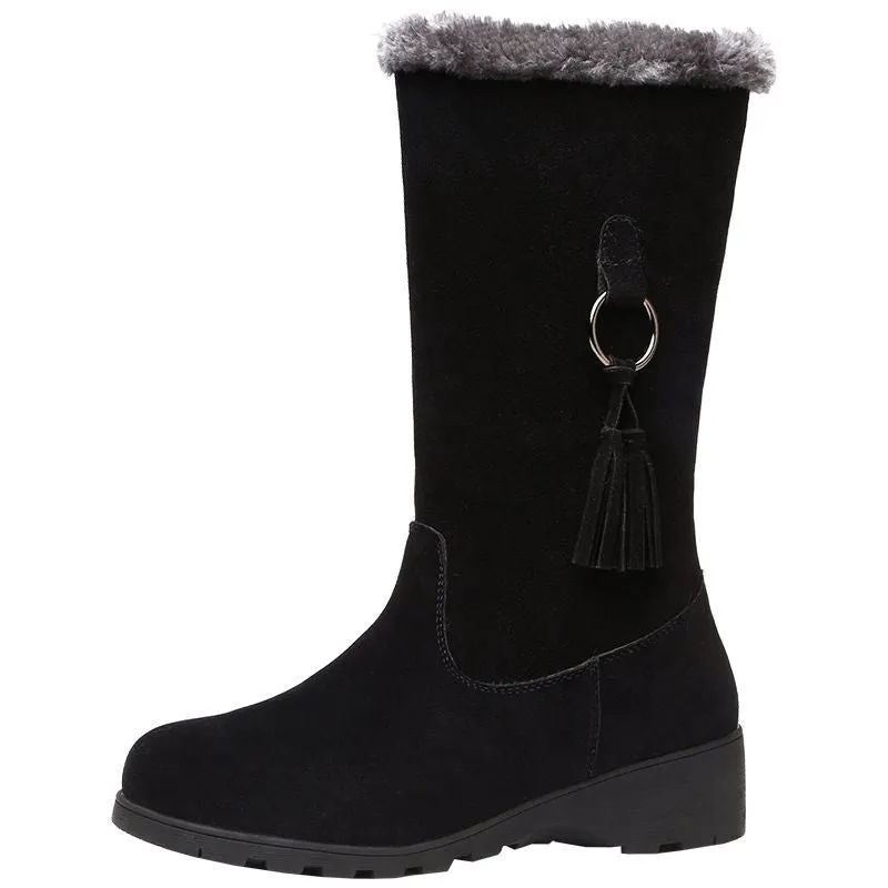 Women's warm plush lined mid calf snow boots low heels