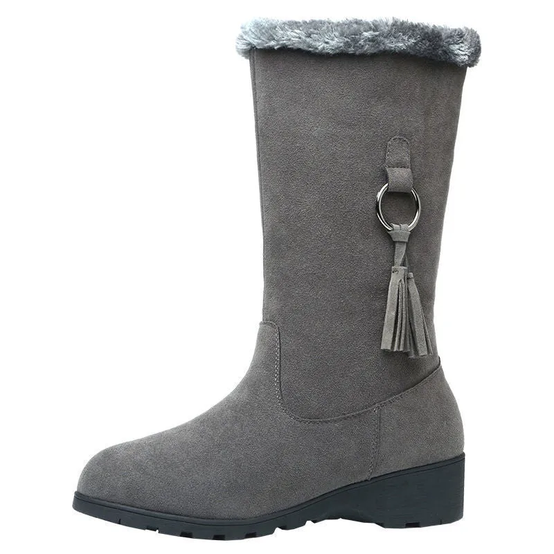 Women's warm plush lined mid calf snow boots low heels