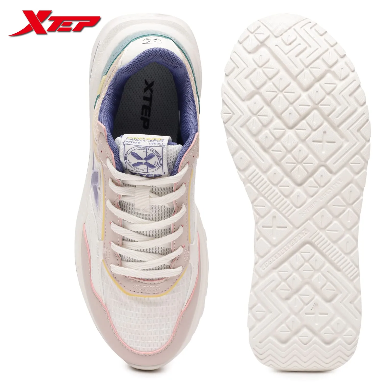 XTEP Women's White Pink Blue Mono Mesh Upper Lightweight Casual Shoes (5.5 UK)